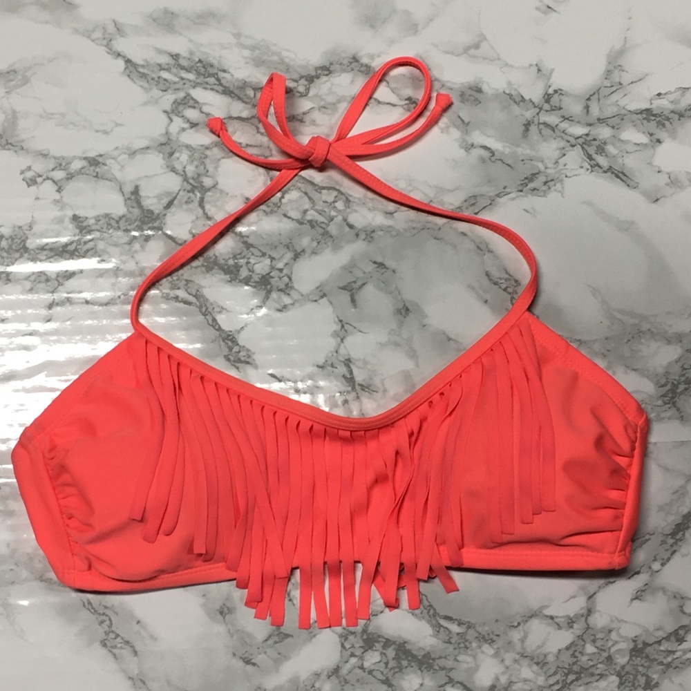 Neon Coral Fringe Bikini Top